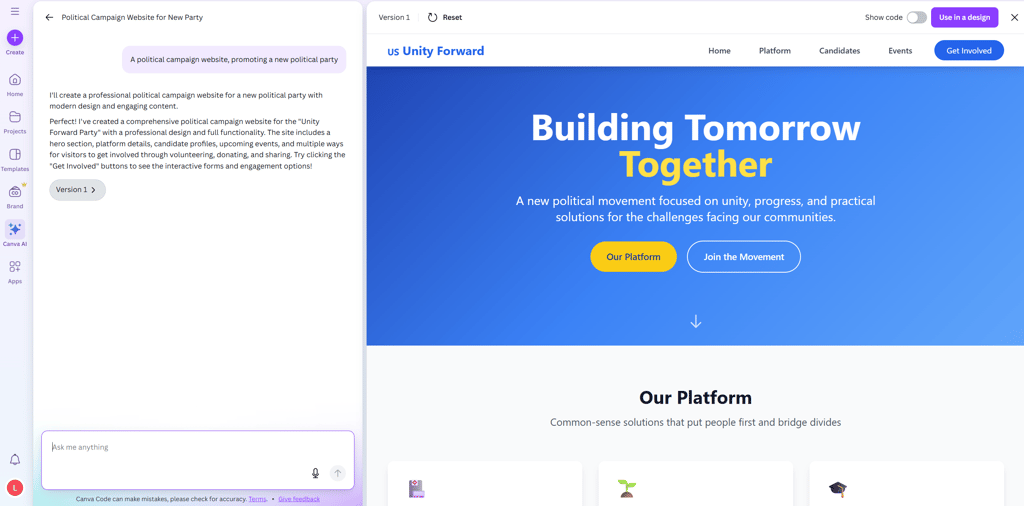Canva AI user interface