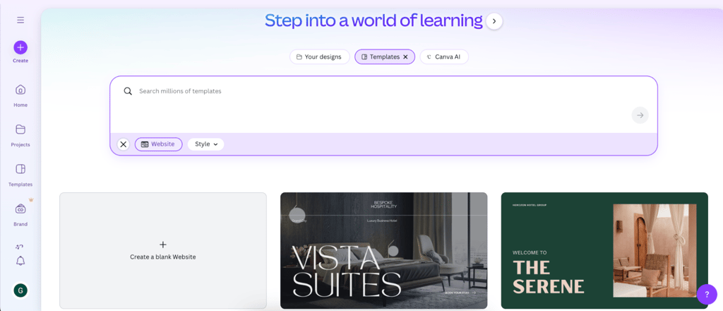 Canva’s template library with search functionality
