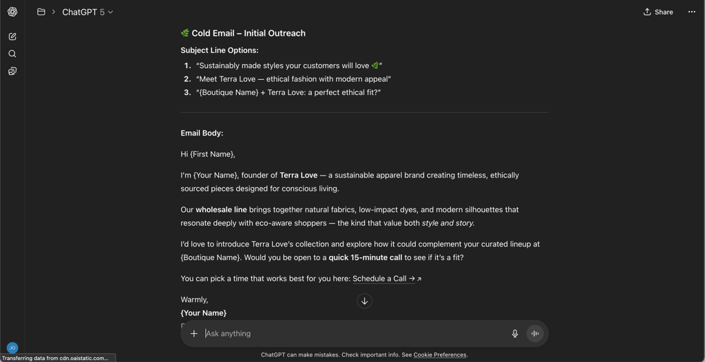 ChatGPT task cold email