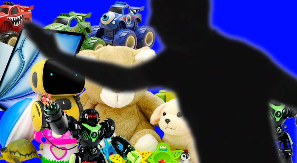 A selection of toys and  in the background and a parent silhouette about to smack a child.