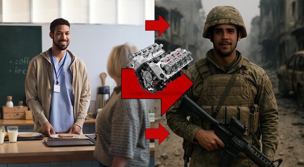 black doctor in blue scrubs, military man, grey motor, red arrows