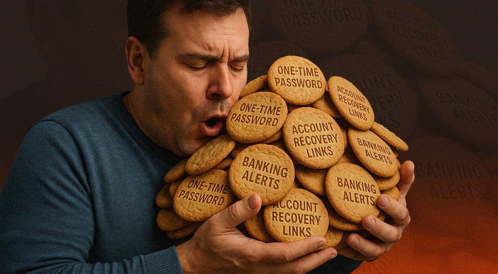 man holding tons of light brown cookies, one-time password, banking alerts