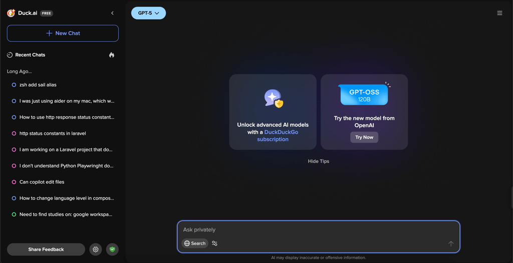Duck.ai home screen