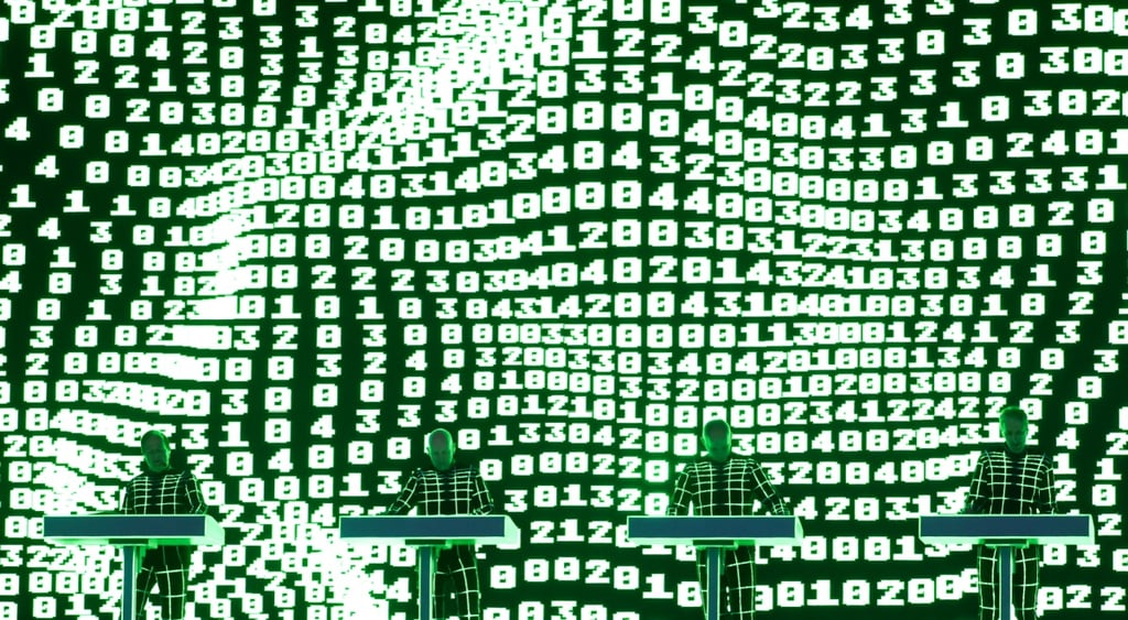Vivid green data and gaming show contenstants.