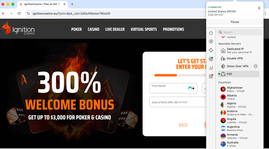 Ignition Casino available with NordVPN
