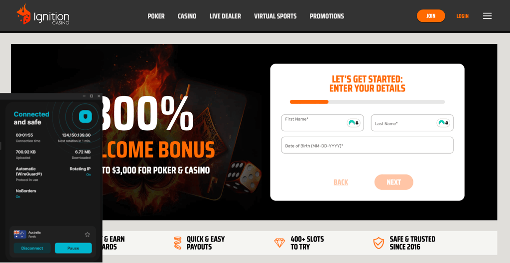 Ignition Casino now available with Surfshark