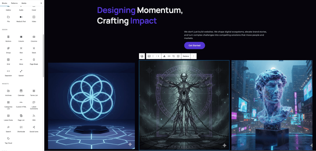 WordPress website builder interface