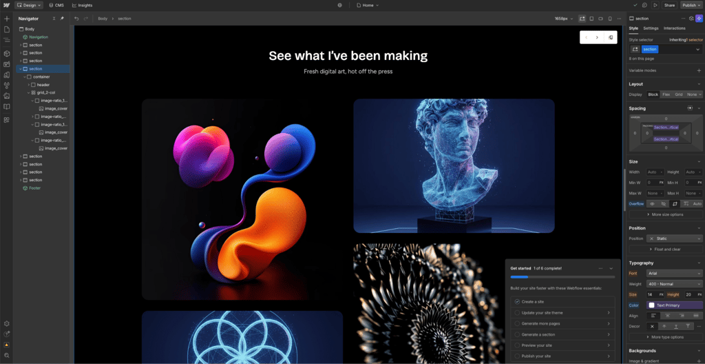 Webflow website builder interface with the generated site