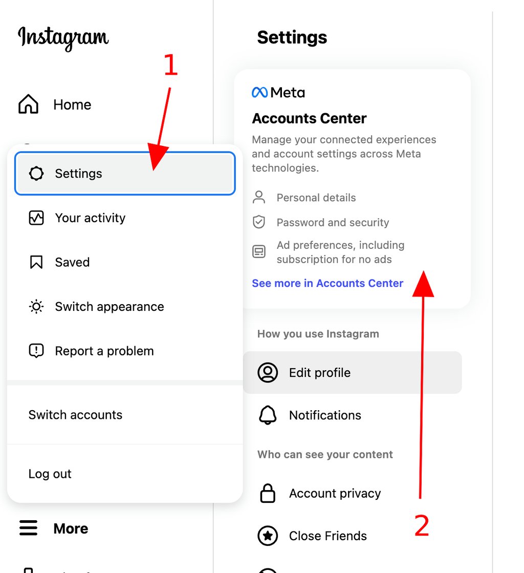 Go to “Settings”, then go to “Accounts Center”