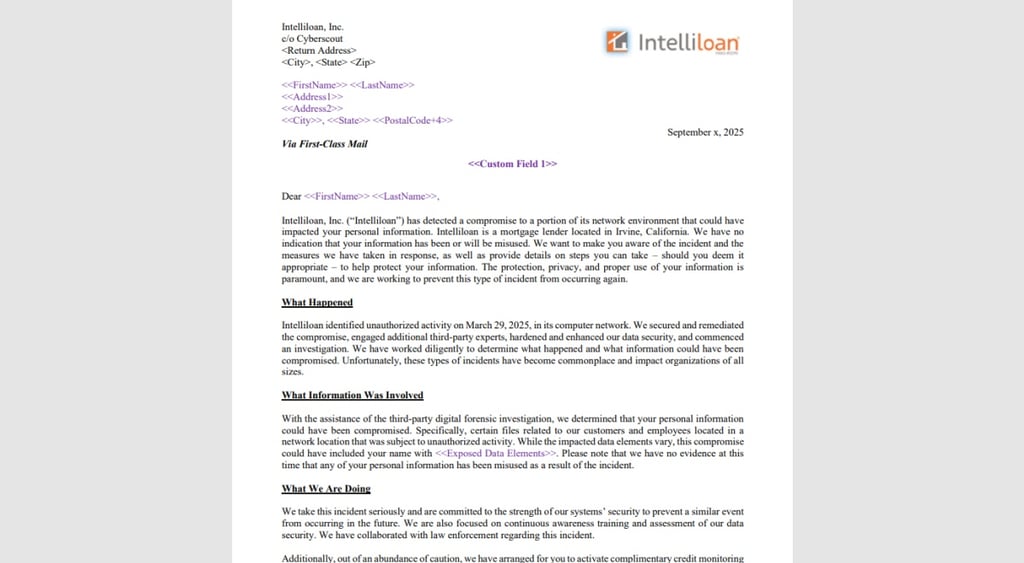 Intelliloan breach notofication letter