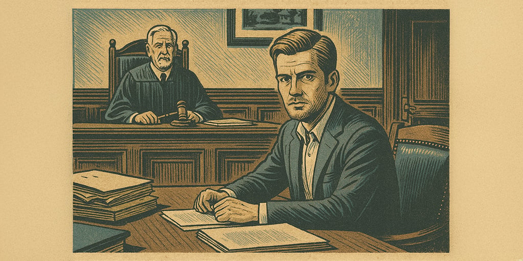 man in court, suit, judge, gavel, documents, grey hair