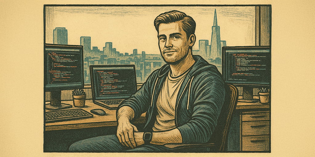 man in blue jumper, t-shirt in office, 3 screens with code