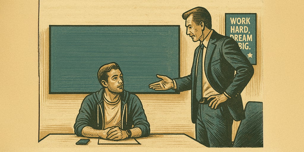 man in blue jumper, conversation, green board, boss, office suit