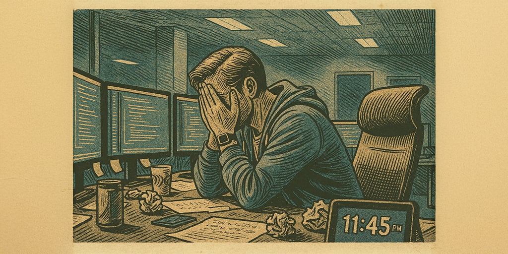 man in jumper, late night in office, 11:45 PM, 3 screens with code