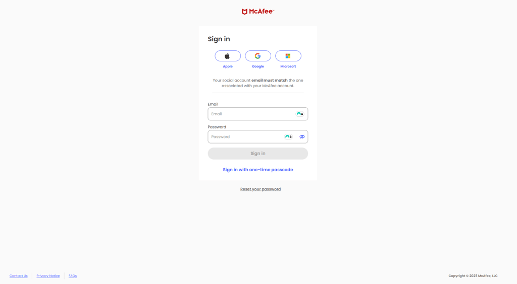 McAfee sign in page