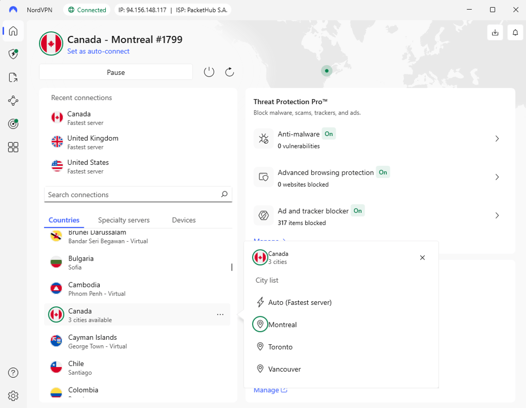 NordVPN connected to Canada server