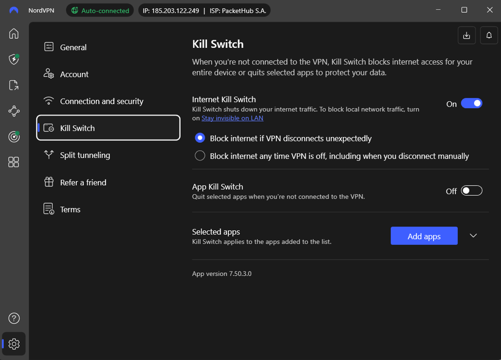 NordVPN kill switch enabled Windows app