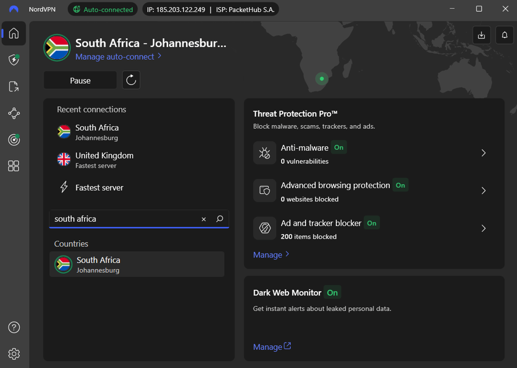 NordVPN South Africa server