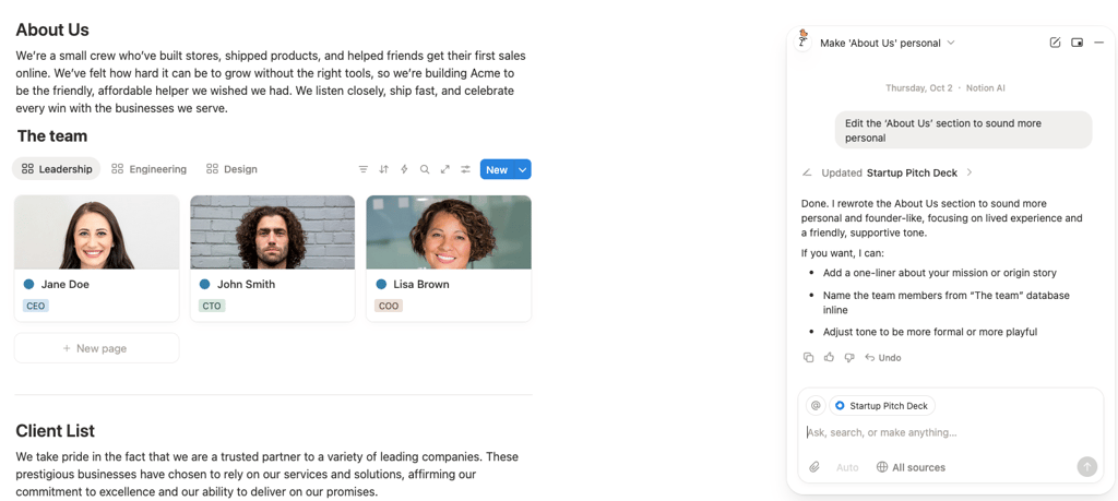Example prompt: “Edit the ‘About Us’ section to sound more personal”