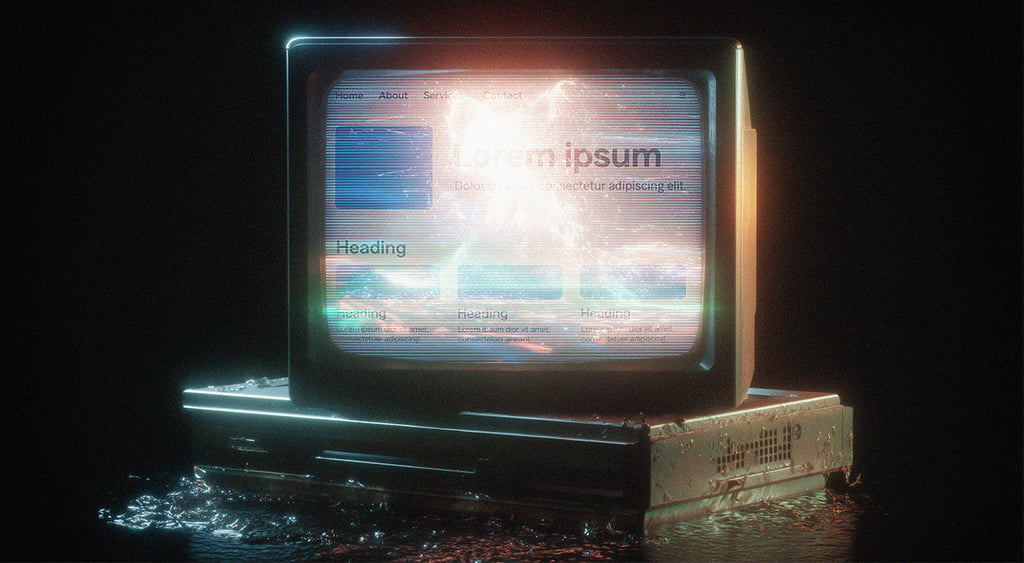 old tv on a vhs player in water, bleeping screen, round corners, black, dark