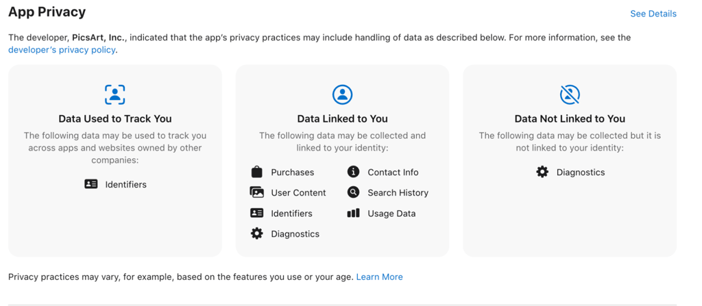 picsart ios privacy