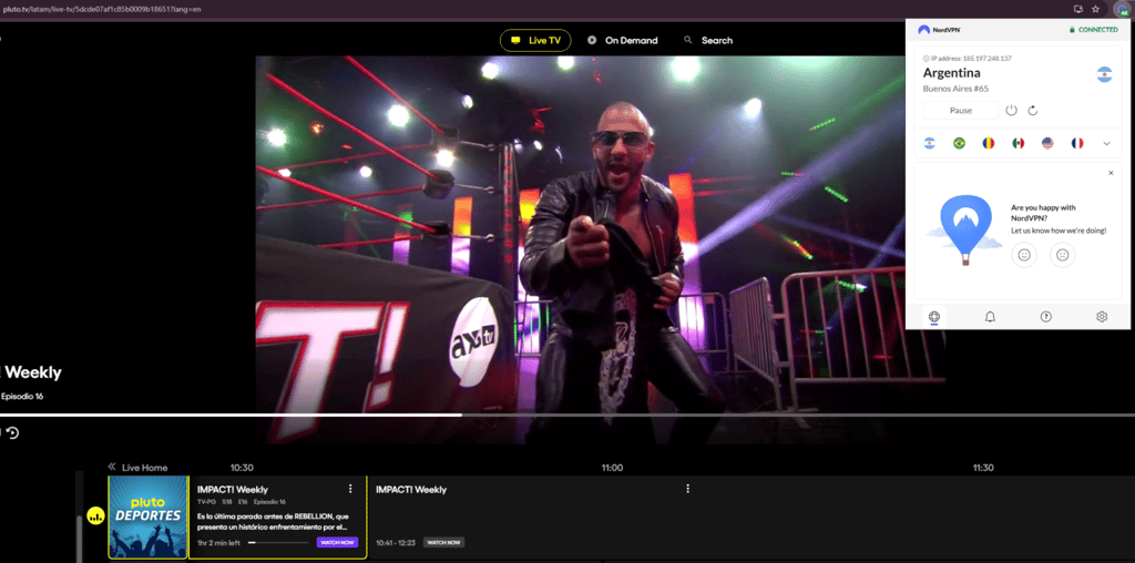 Pluto tv connected to NordVPN Argentina