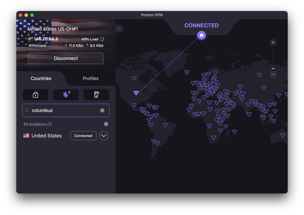 Connecting to a Columbus server with Proton VPN