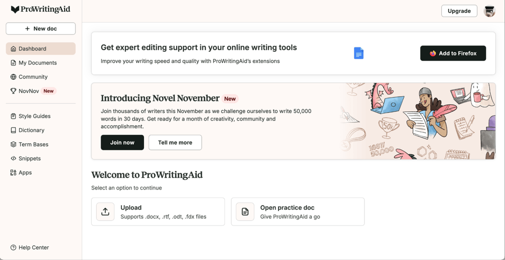 ProWritingAid dashboard