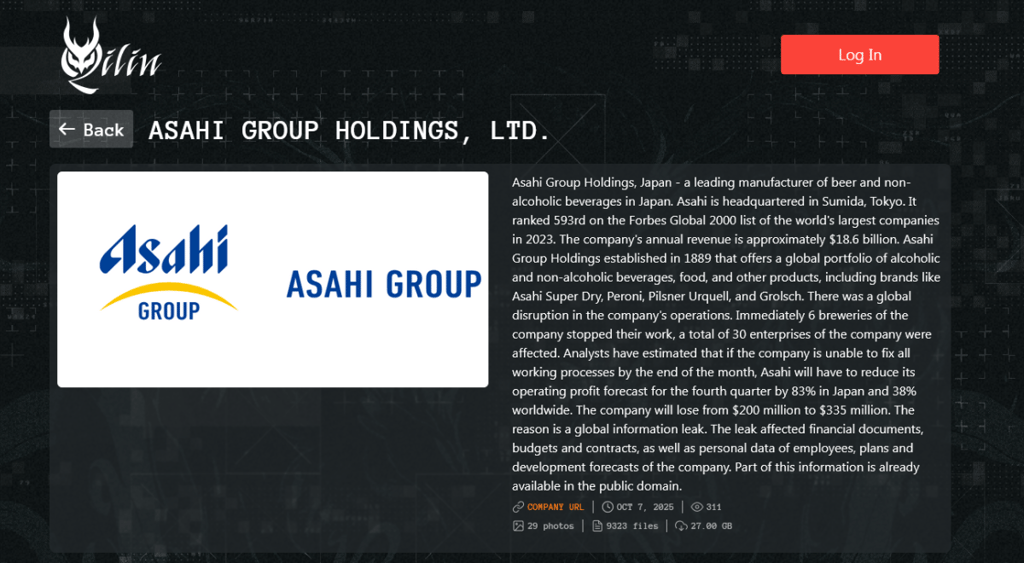 Qilin ransomware attack - Asahi Holdings post