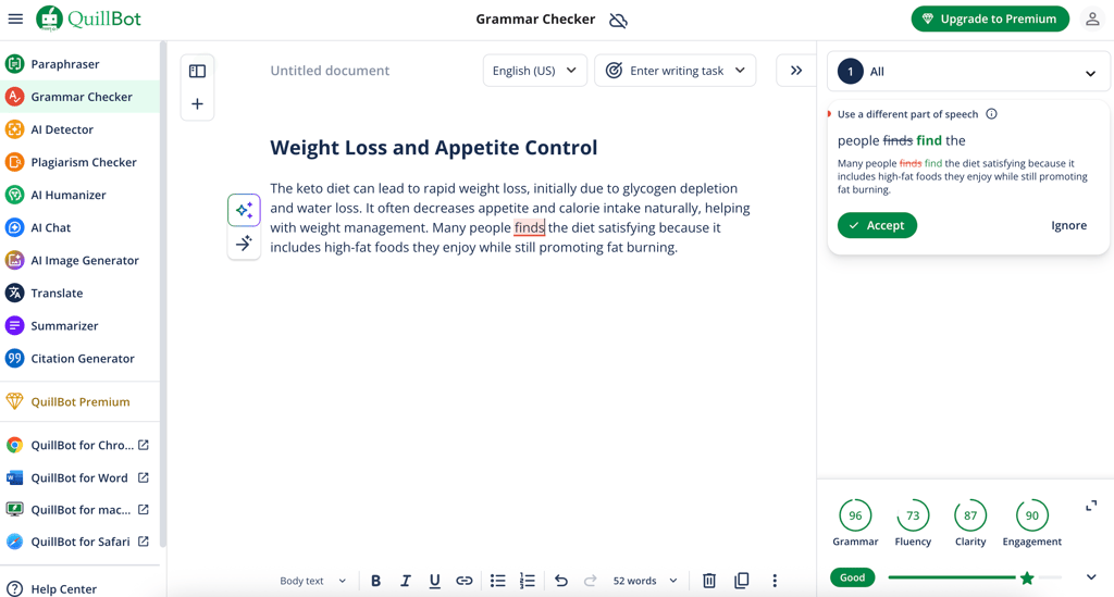 Running a grammar check with QuillBot