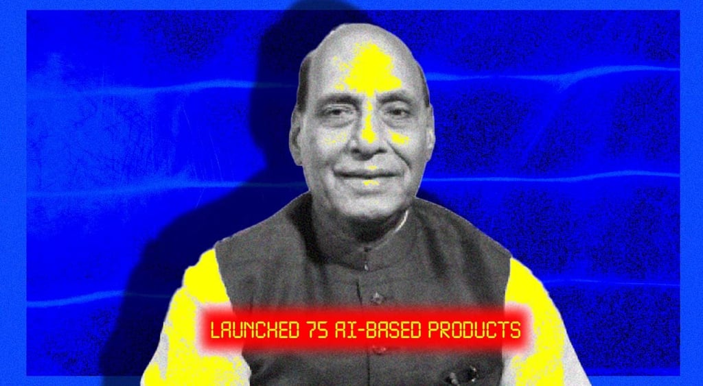 rajnath singh, yellow light on face, blue background, yellow letters ųį ai-based products
