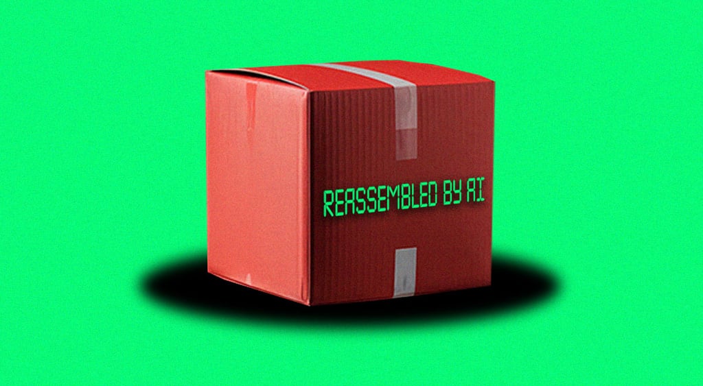 red box, white tape, salad green background, yellow signed that says reassembled by ai