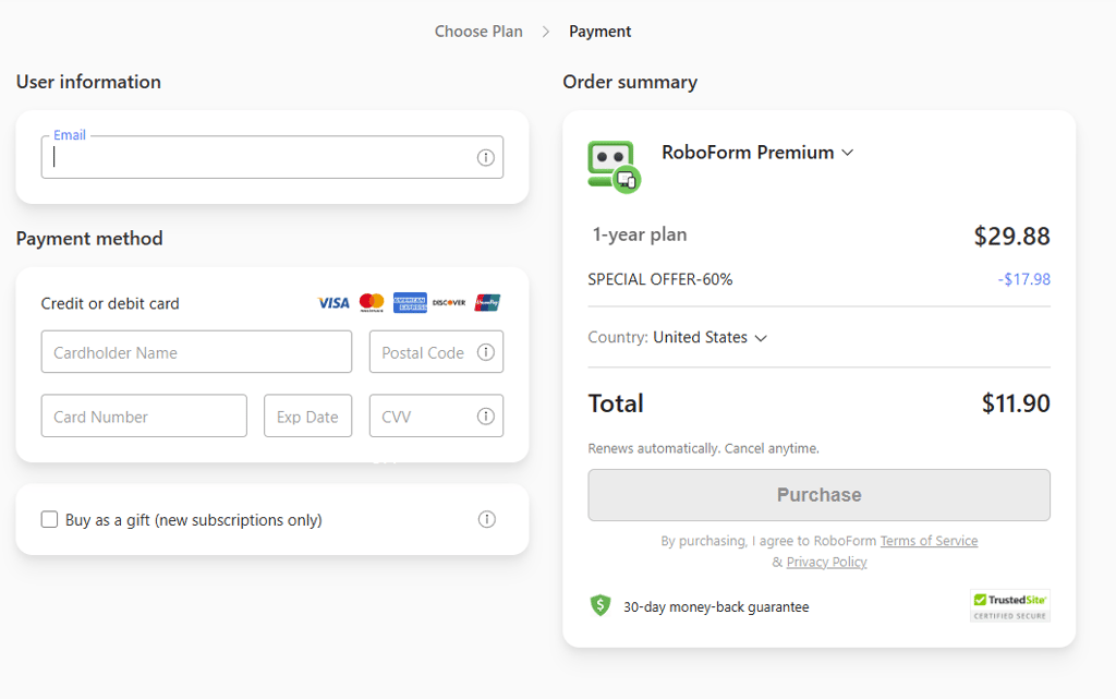 roboform checkout without dates