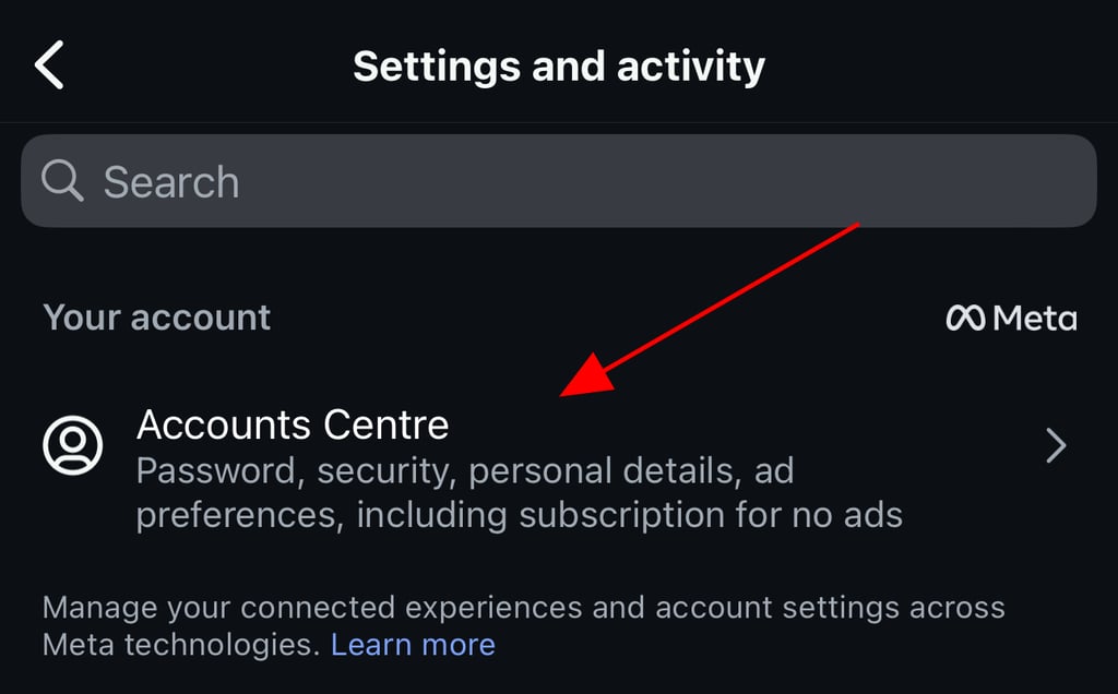search for instagram Accounts Center