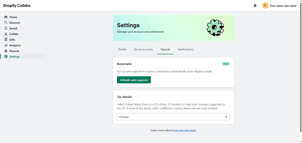 Shopify Collabs settings for payouts