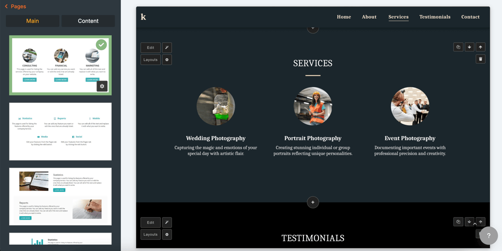 Editing the Services page with predefined layout options