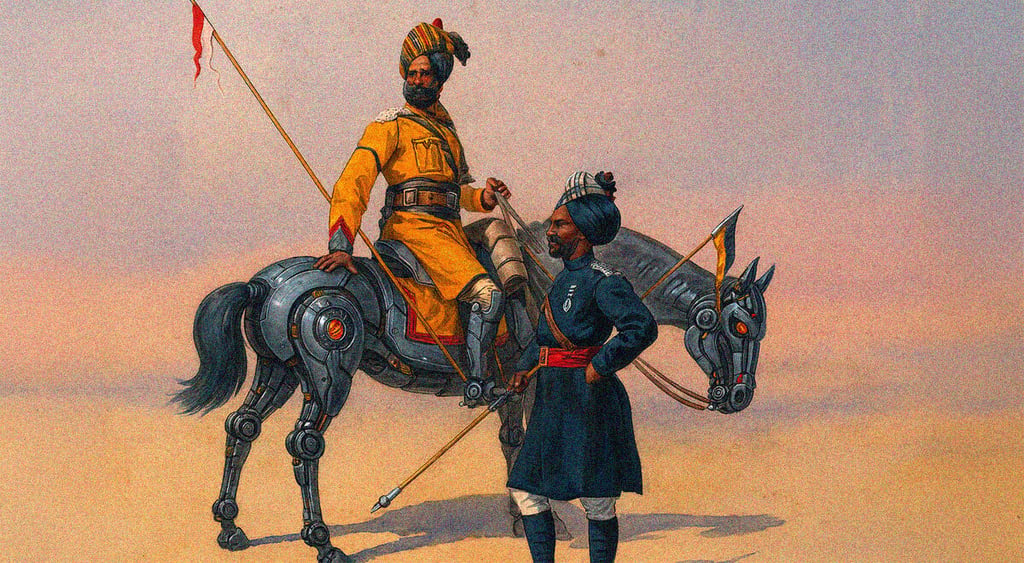 black robot horse, man in orange mid asian outfit, red flag