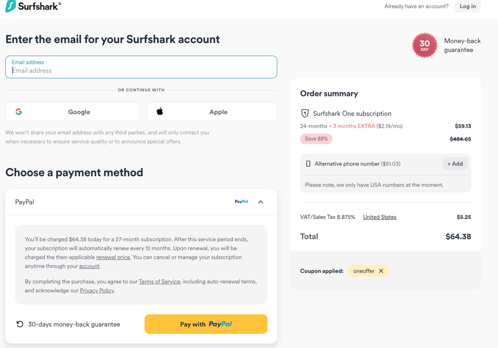 surfshark choose payment method