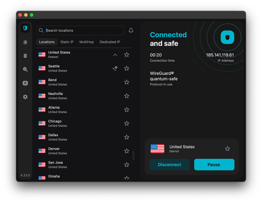 Connecting to a server in Detroit that's close to Ohio with Surfshark