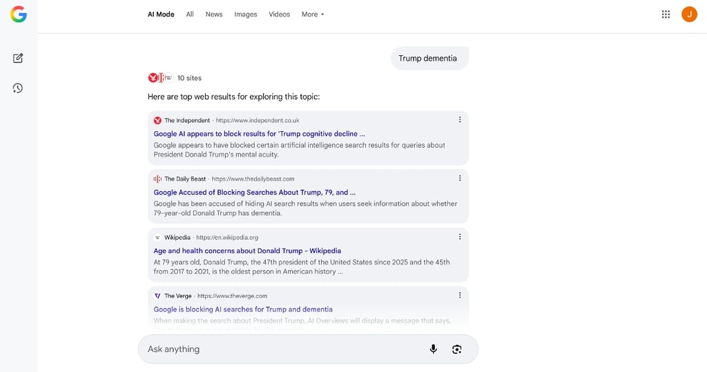 Screenshot of Google AI Mode search on "Trump dementia"