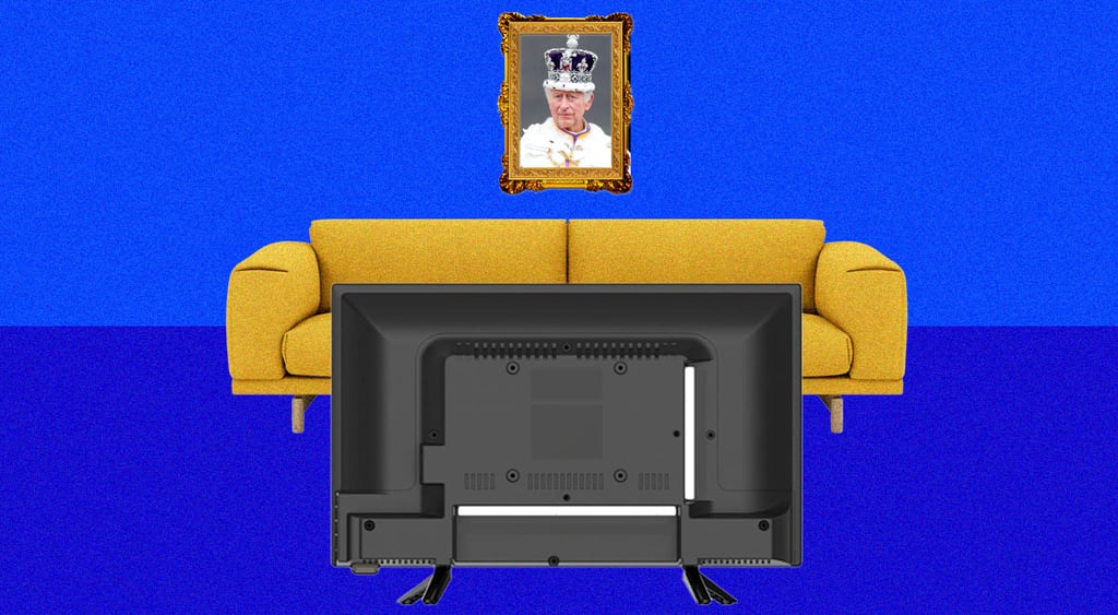 backside of black tv set, portraip of king charles, orange sofa, blu wall