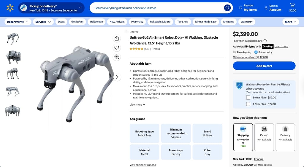 Screenshot of Walmart website selling Unitree robot dog
