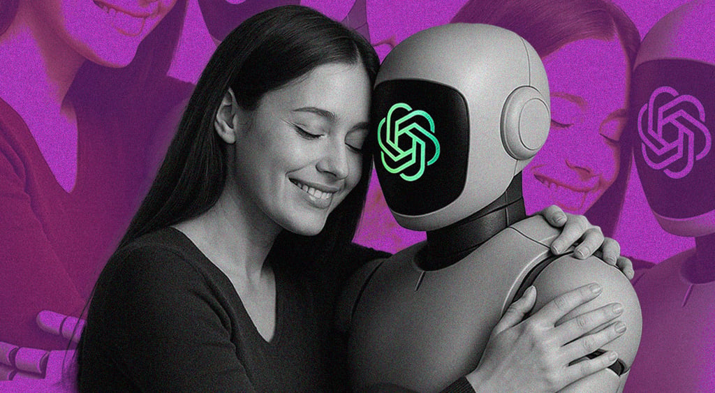A wiresexual woman is hugging a robot