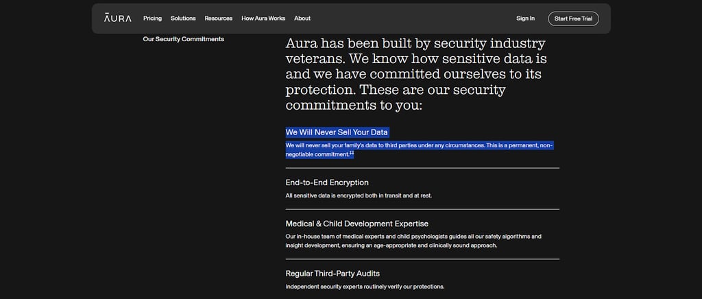 Aura's data security and privacy section