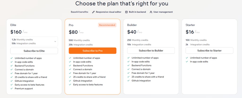Base44 pricing tiers