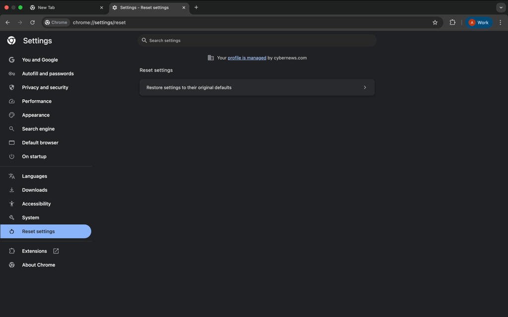 Clicking reset settings in Google Chrome