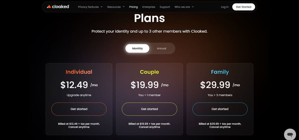 Cloaked’s monthly pricing page