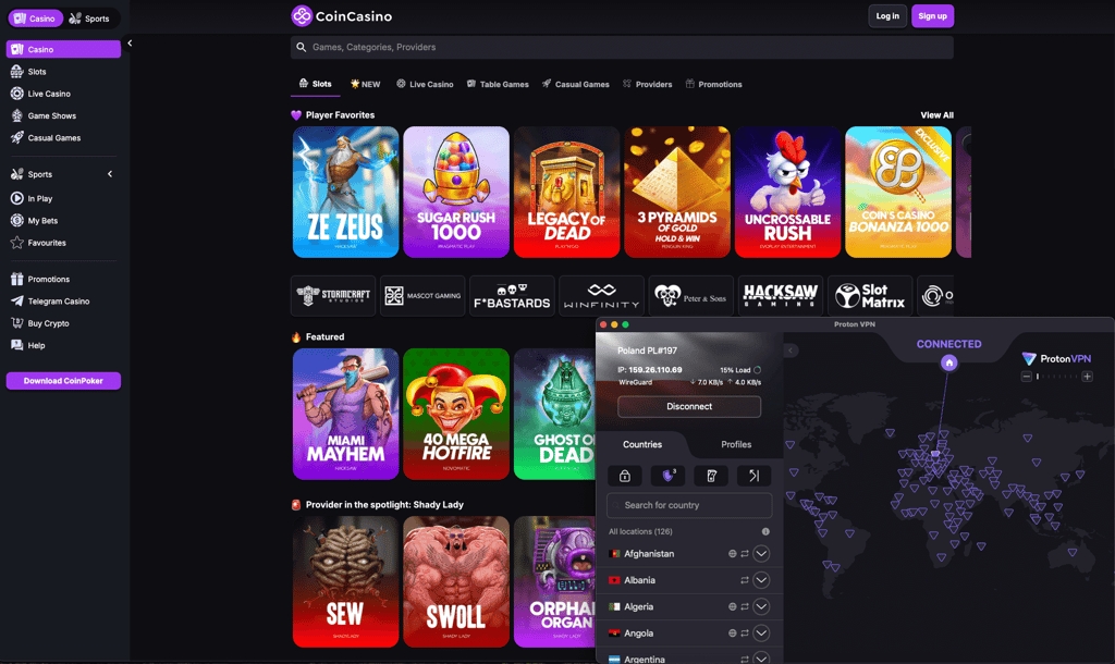 CoinCasino unlocked with Proton VPN