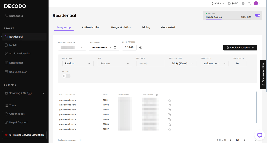 Decodo residential proxy setup menu
