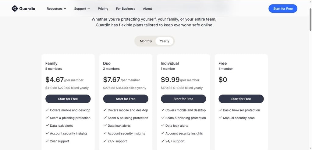 Guardio’s annual pricing page